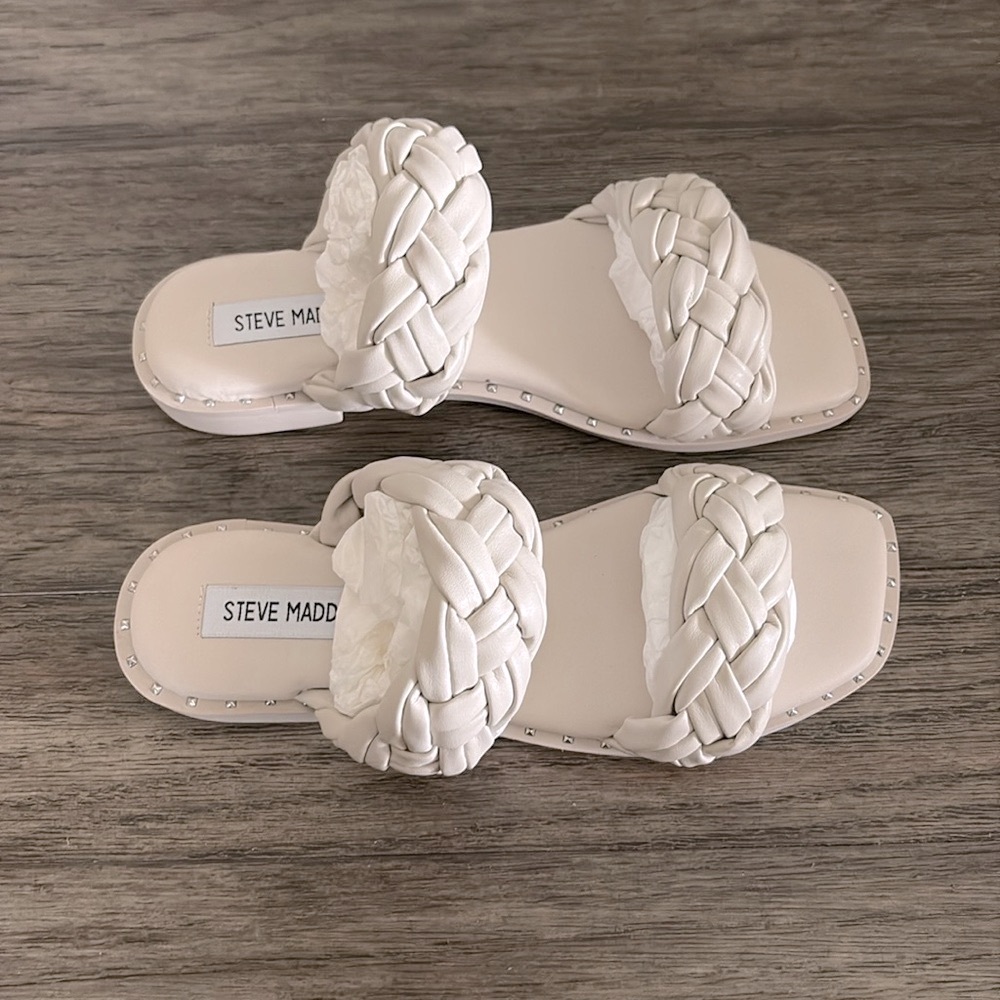 NEW [Steve Madden] Studded Braided Low Heel Slide Sandals in Cream Women’s Sz 6 - Picture 4 of 10